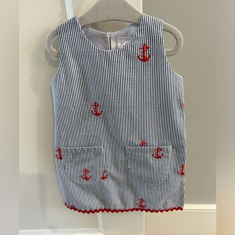 Piping Prints Baby Girl Navy Seersucker Dress w/Embroidered Anchors Size 12-18 M